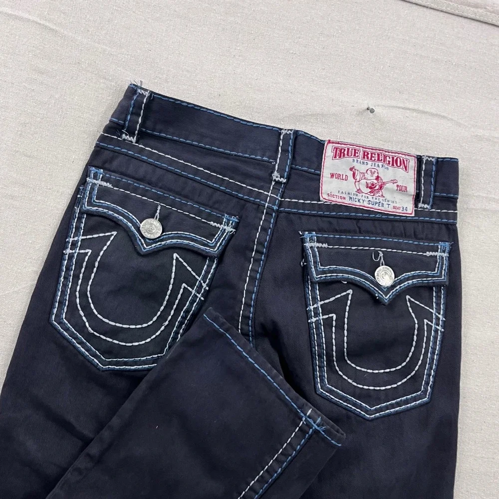 True Religion Ricky Super T Jeans Mens 34 Dark Wash Contrast Stitch Straight Leg
